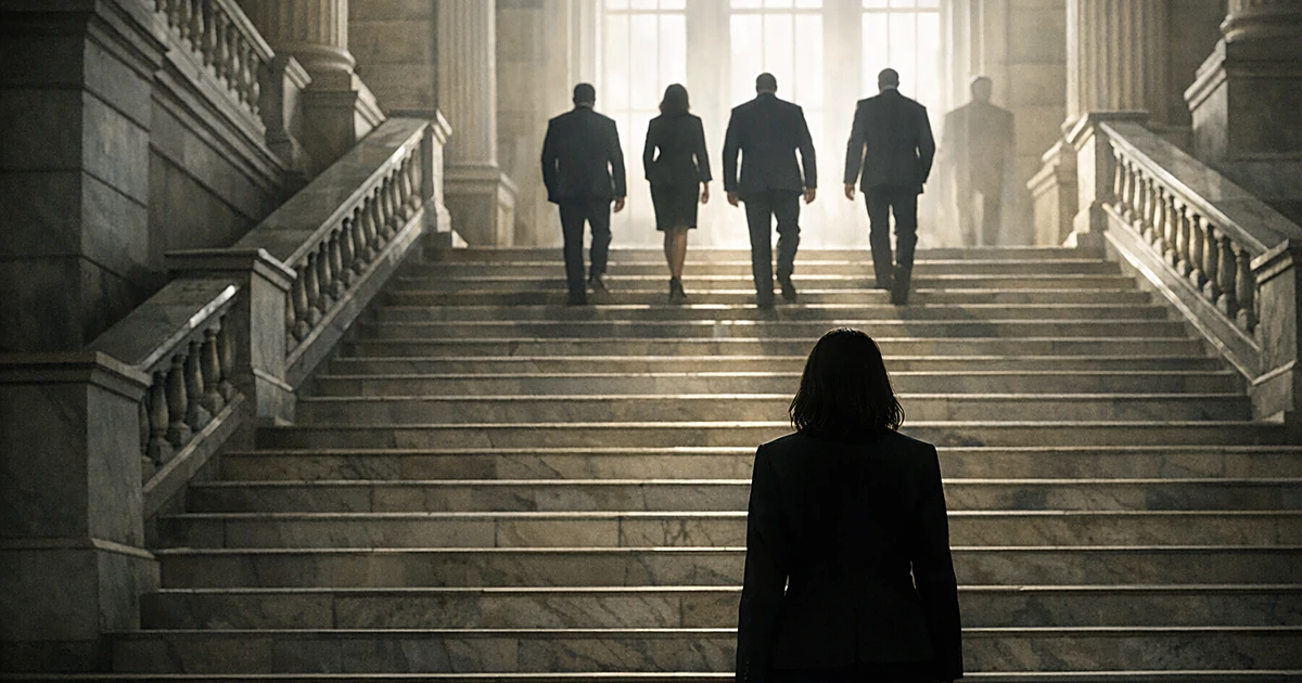 Silhouetted figure stands alone at base of staircase while others climb toward light in government building interior