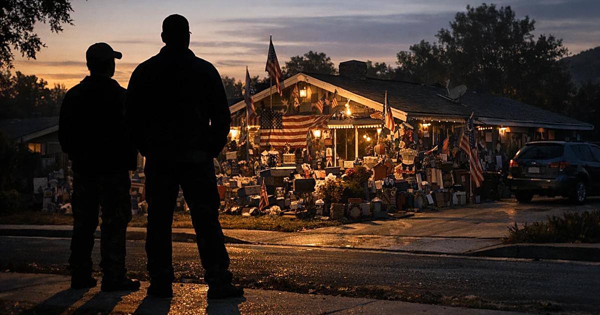 Silhouetted figures on suburban street facing house with heavily decorated exterior at dusk