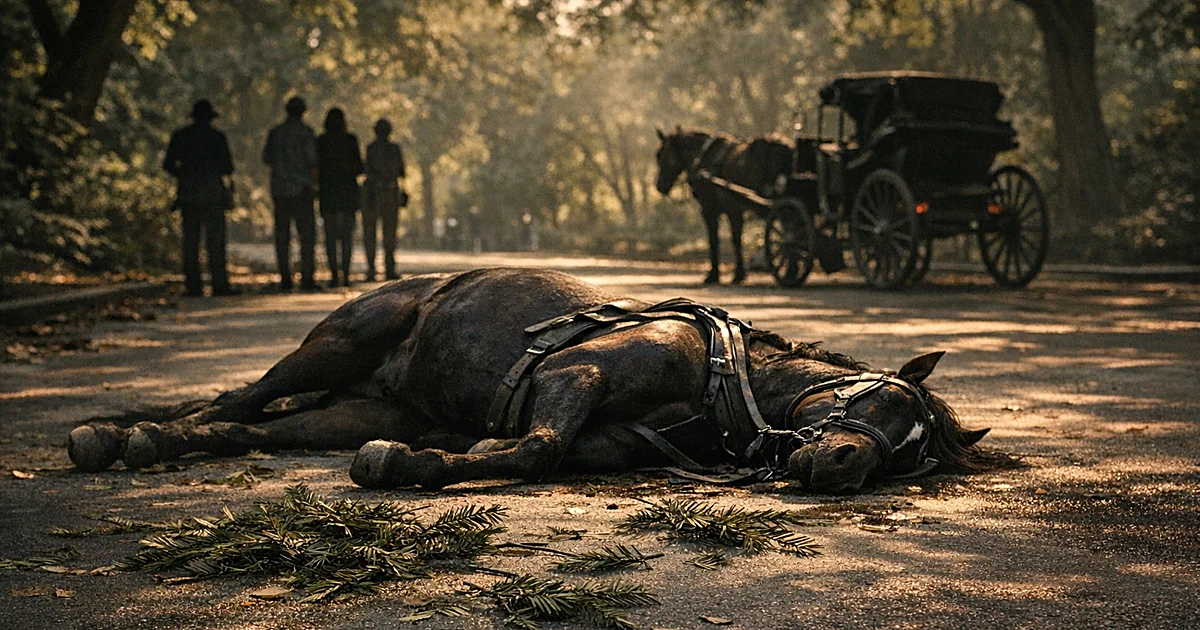 Collapsed horse on park path surrounded by toxic yew branches with silhouettes of people and carriage in background