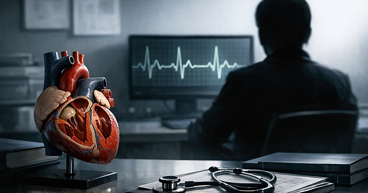 Silhouetted doctor at desk with anatomical heart model and cardiac monitor display in clinical examination room
