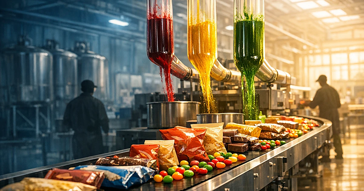 Factory conveyor with food products beneath glass tubes flowing natural colorants, replacing empty chemical vats