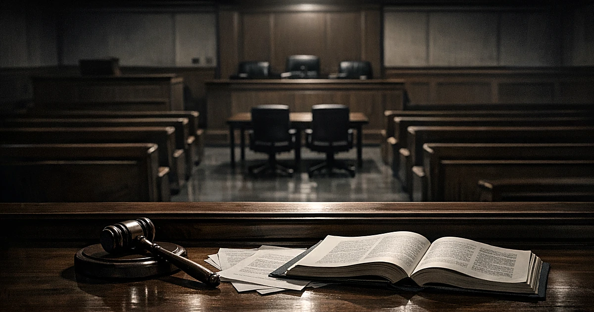 View from behind a judge's bench overlooking an empty courtroom with gavel and papers, harsh lighting casting shadows