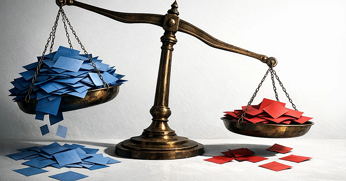 Tilted balance scale with more blue ballots on left side than red ballots on right, showing electoral imbalance