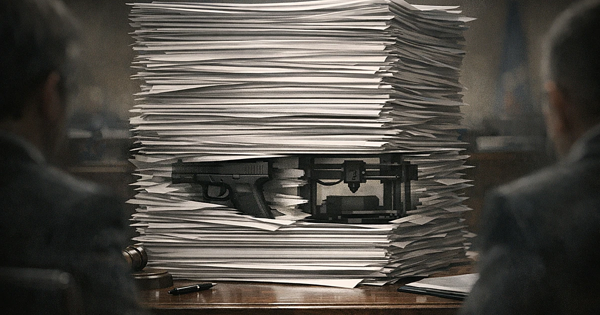 Thick stack of budget documents on desk with silhouettes of handgun and 3D printer buried within pages