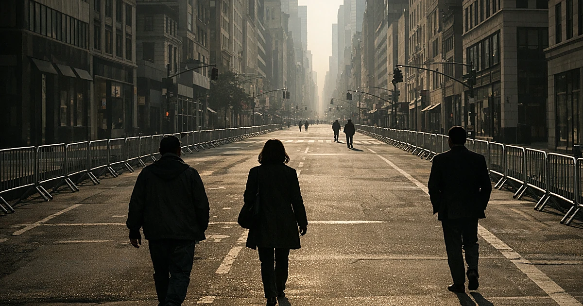 Empty Fifth Avenue with crowd barriers and silhouetted figures walking away on parade day