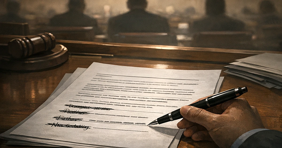 Government document showing edited family law terminology with pen and blurred silhouettes of legislators in background