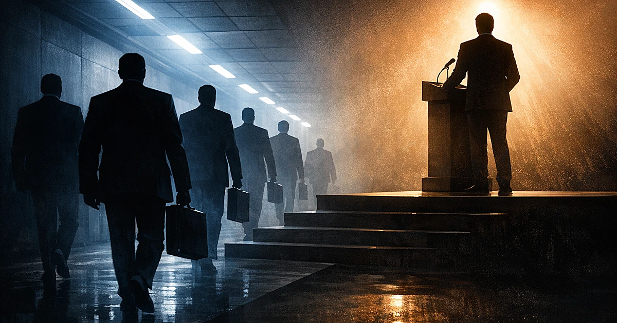 Silhouetted politician at podium with shadowy investigators approaching from foreground in dramatic lighting