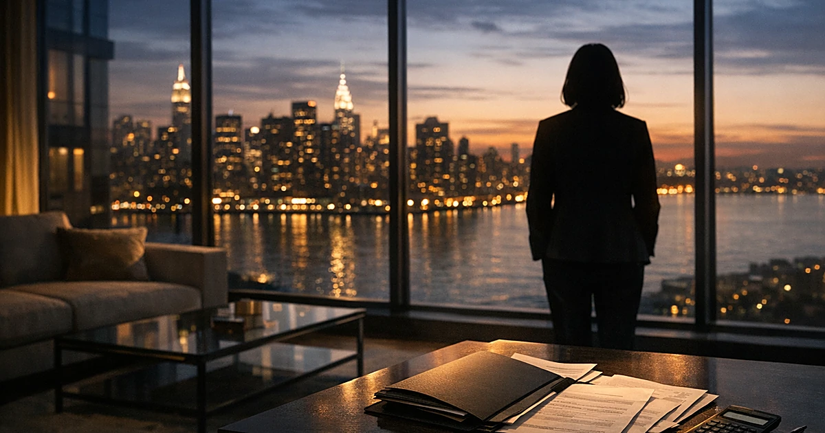 Silhouetted figure in luxury waterfront apartment with scattered financial documents on table at sunset