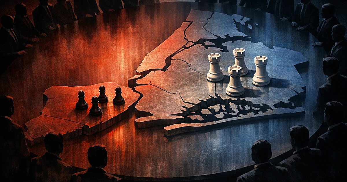Chess pieces positioned in confrontation on NYC-shaped table with silhouettes observing from edges