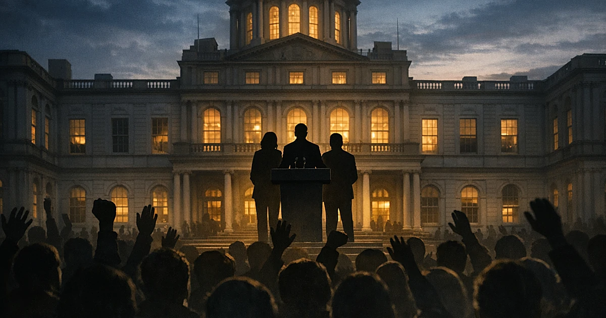 Silhouetted officials at podium on city hall steps addressing crowd of people shown from behind at dusk
