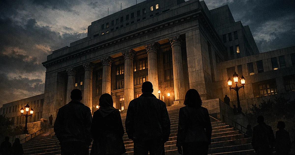 Silhouetted figures face a city hall building at dusk, creating a tense atmosphere of institutional confrontation