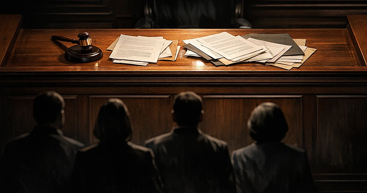 Overhead view of judge's bench with gavel and documents, silhouetted figures facing bench from below in courtroom