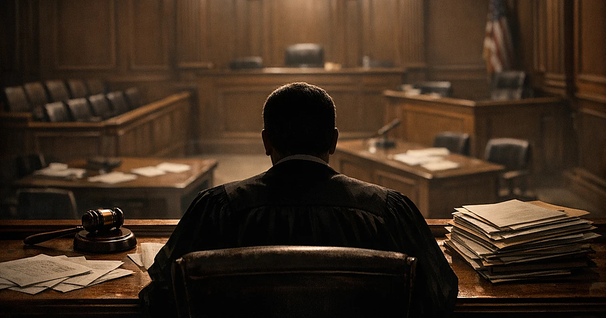 Courtroom scene from behind judge's bench with gavel and legal documents, empty chamber in dramatic lighting