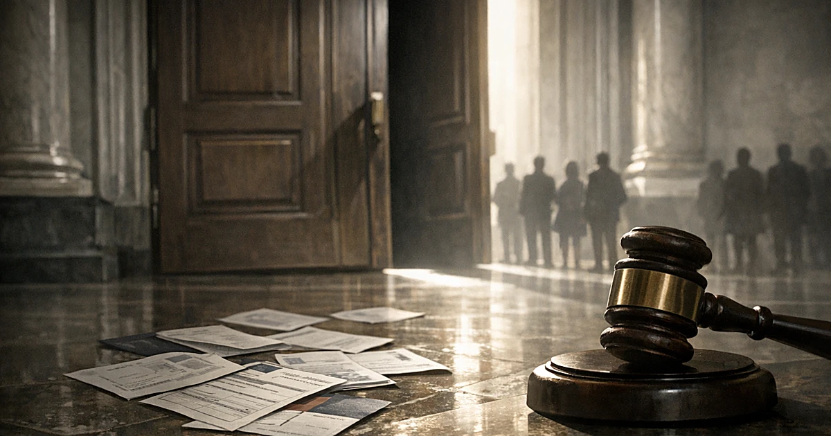 Open door in institutional hallway with gavel and scattered citizenship documents on floor, silhouettes in background