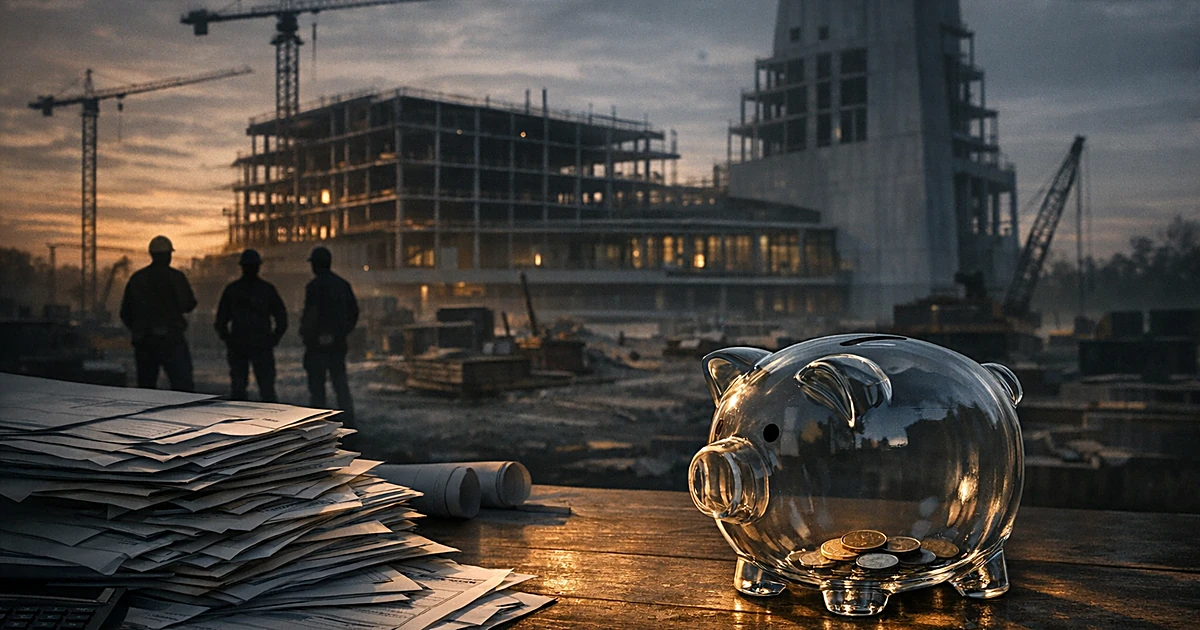 Nearly empty piggy bank beside stacks of unpaid bills with construction site in background