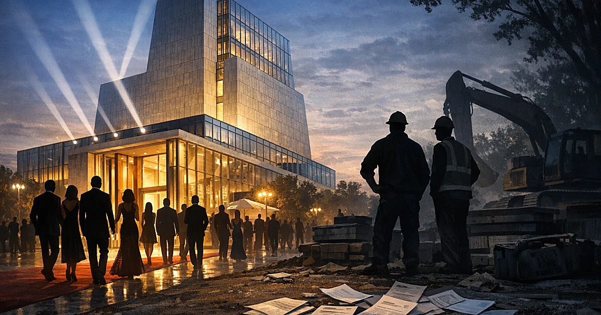 Illuminated building opening with celebrating silhouettes while construction workers stand in shadows with unpaid bills