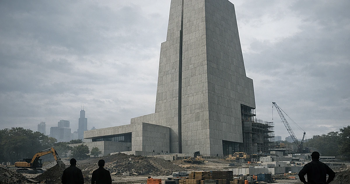 Tall granite tower building in urban park with silhouetted observers and construction materials in foreground