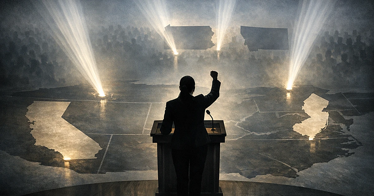 Silhouetted figure at podium with four spotlights beaming from map outlines of four states below