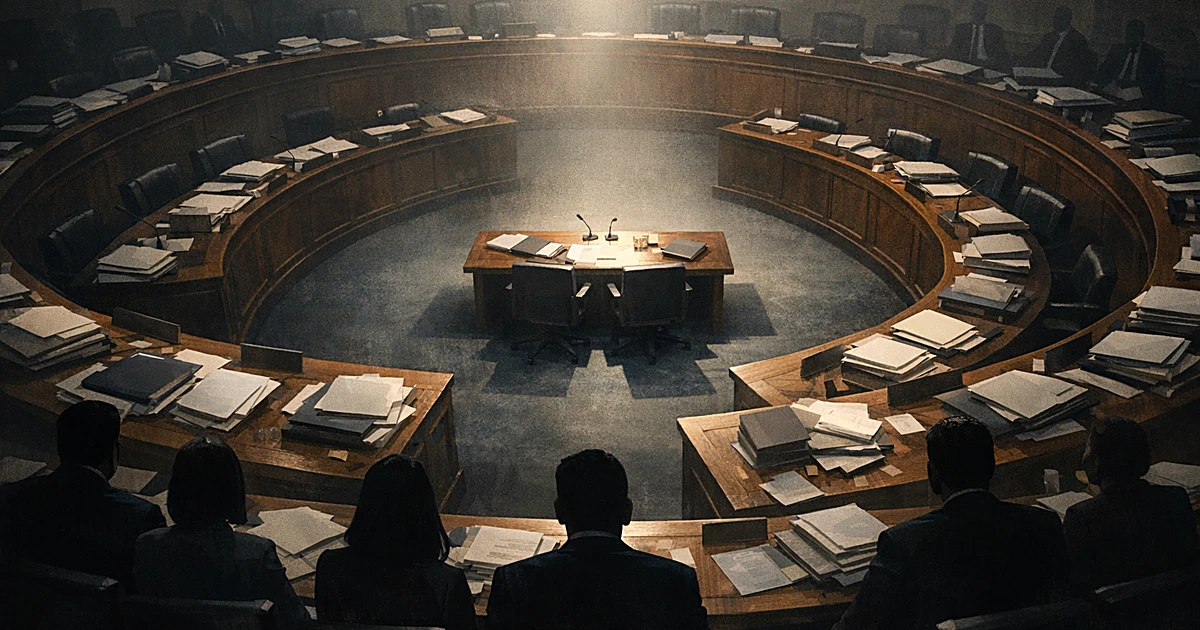 Overhead view of empty congressional hearing room with spotlight on witness table and silhouetted figures at desks
