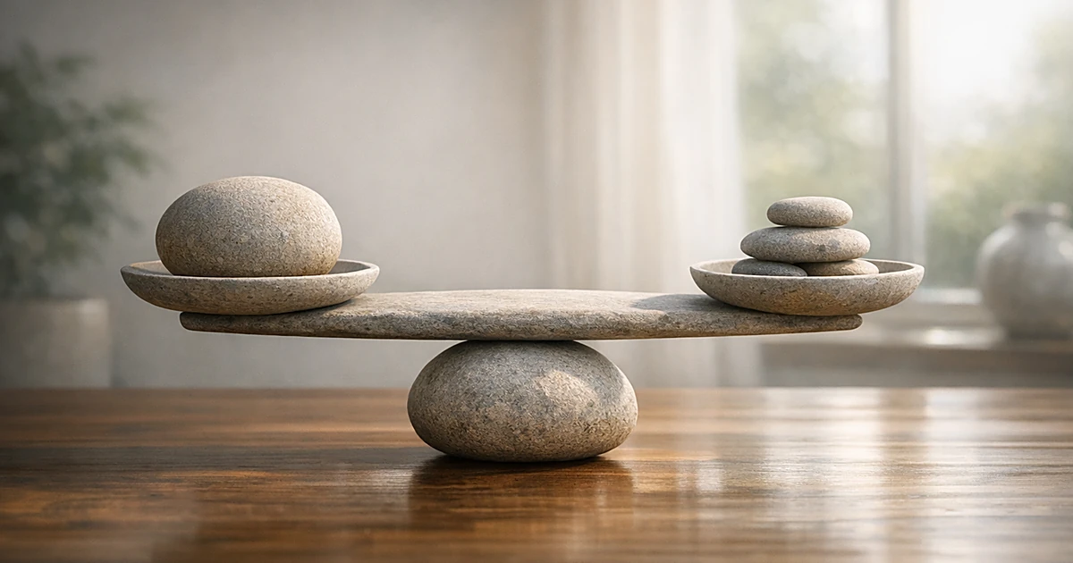 Abstract stone balance scales on wooden surface with natural window lighting