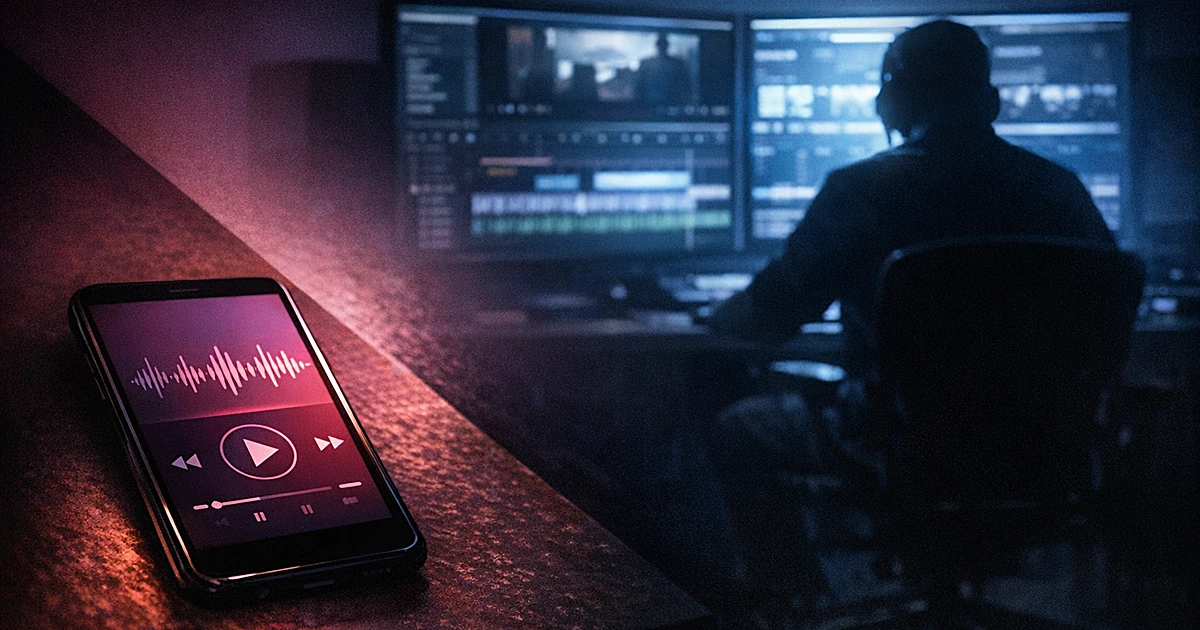 Smartphone music player in foreground with silhouetted figure at video editing monitors in background, split lighting