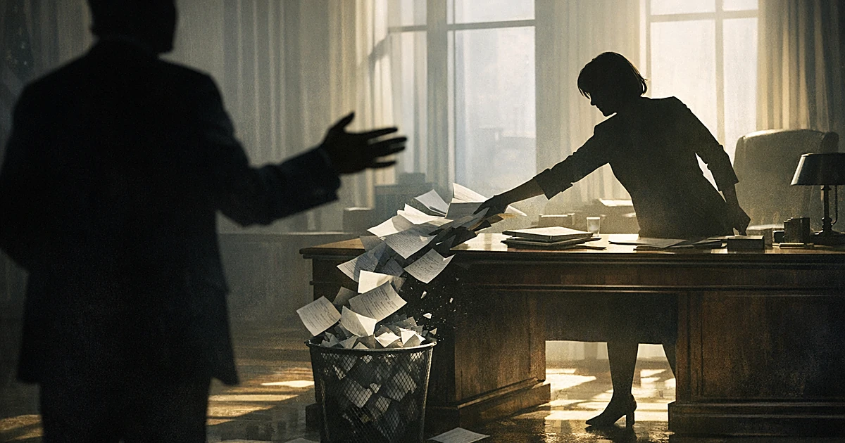 Silhouetted figures in office as one sweeps documents from desk while another gestures in opposition