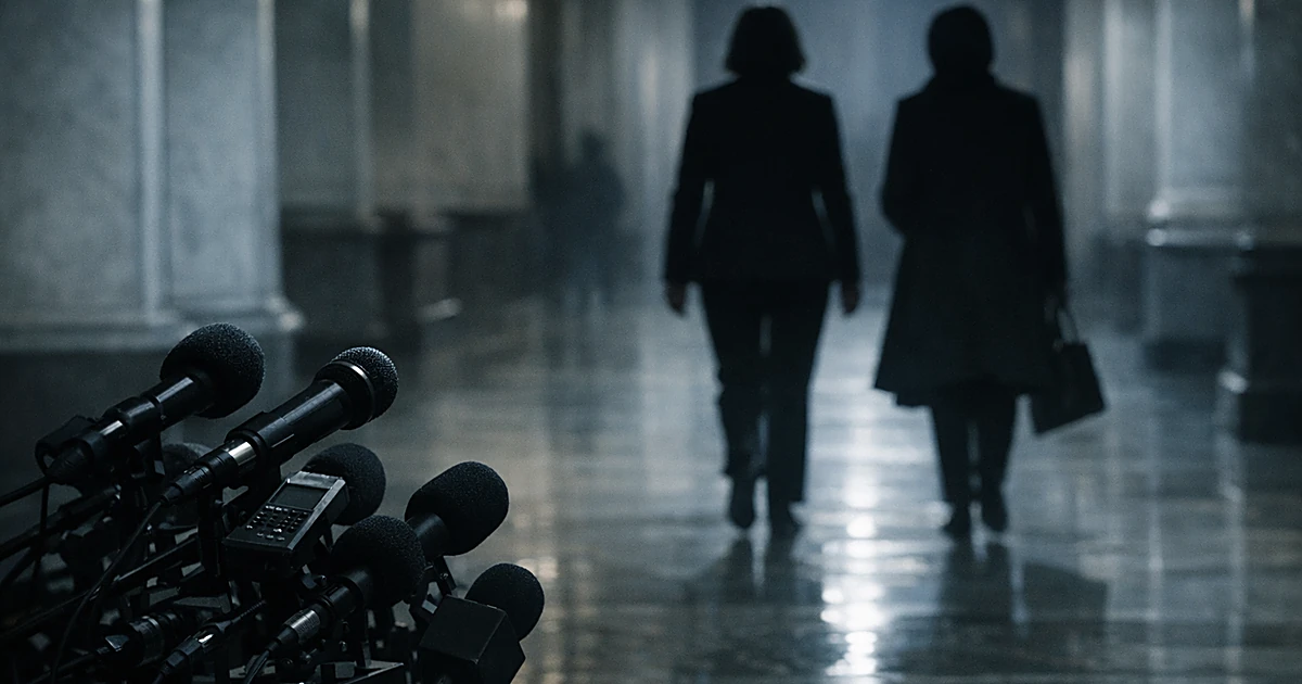 Two silhouetted figures walk away from microphones and recording devices in an empty corridor