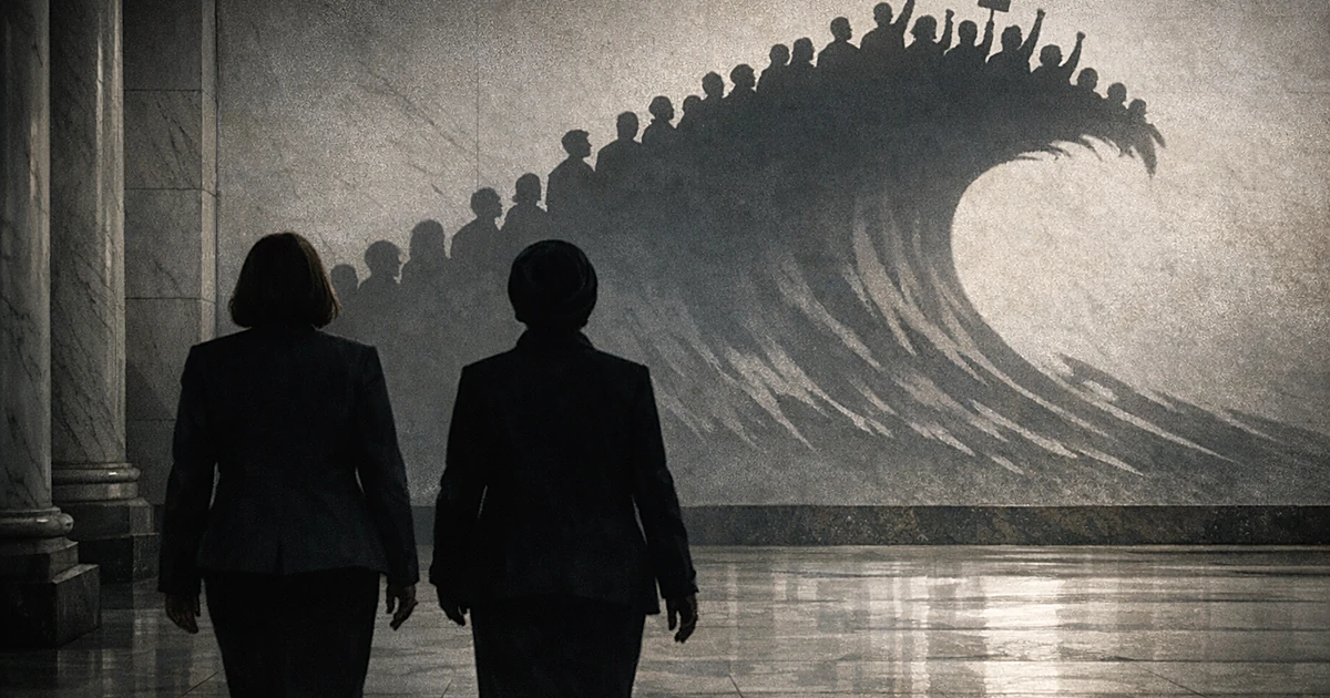 Two silhouetted figures walk away while a wave-like shadow with rising figures looms behind them on the wall