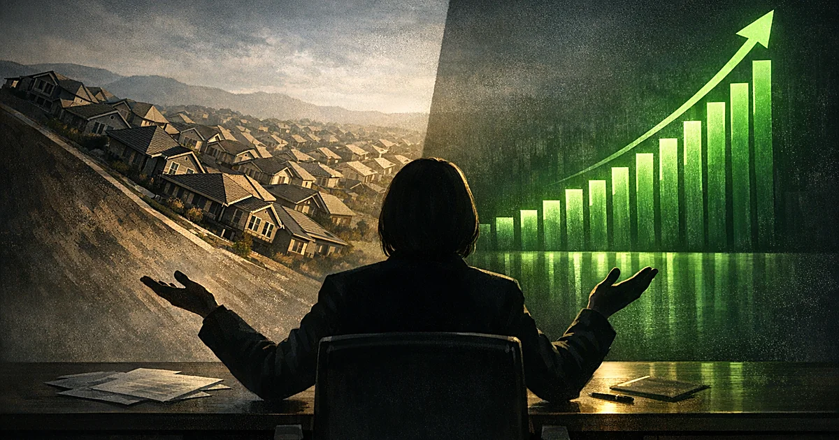 Silhouetted figure at desk between declining housing development model and rising stock chart visualization
