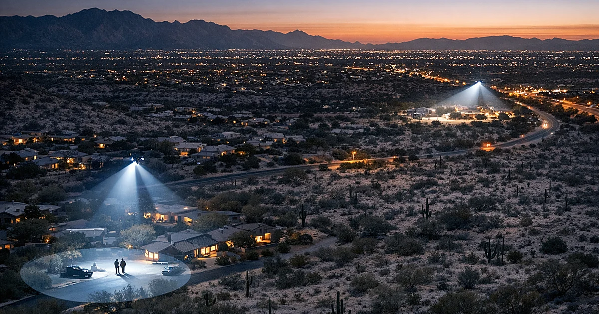 Aerial view of Arizona suburb at dusk with two police searchlight beams illuminating separate residential areas
