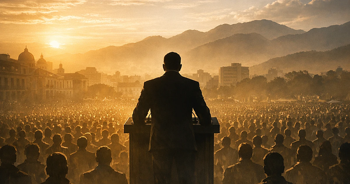 Silhouetted speaker at podium addressing large crowd in plaza with mountains in background at sunset