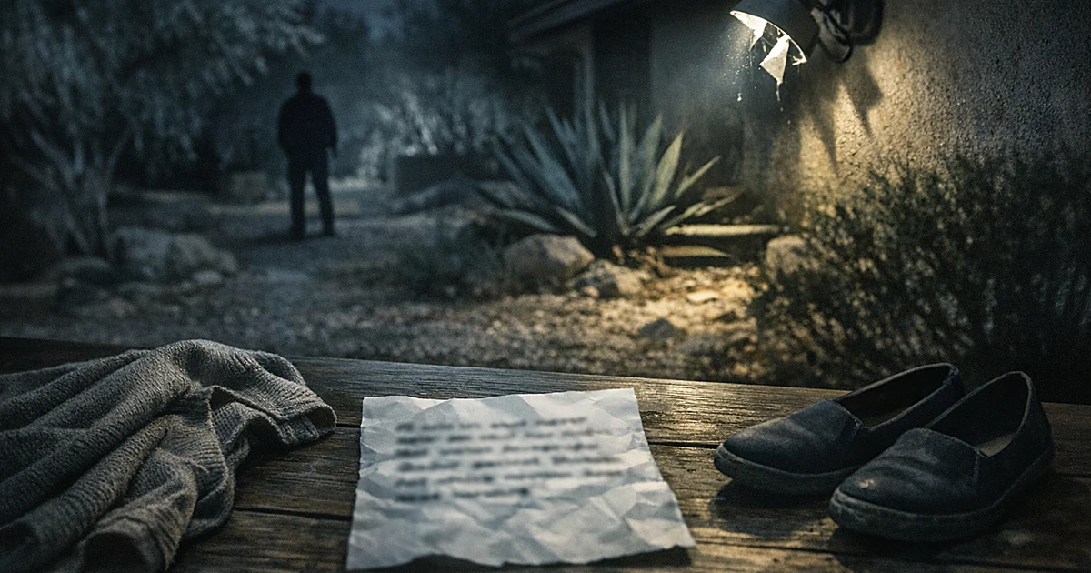 Broken floodlight and ransom note with clothing items in dimly lit yard suggesting kidnapping evidence documentation