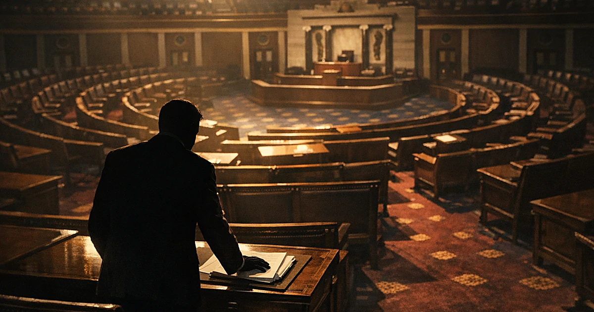 Overhead view of House chamber with silhouetted figure at desk among rows of empty seats in dramatic lighting