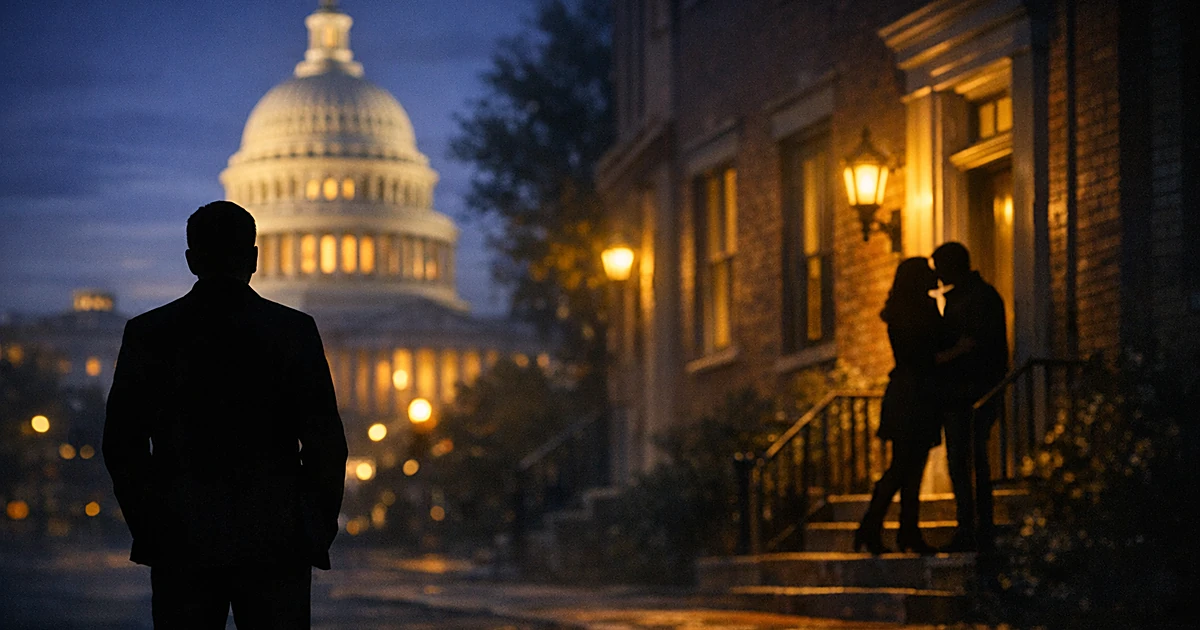 Silhouetted figure facing Capitol dome with two other silhouettes near townhouse entrance in evening light