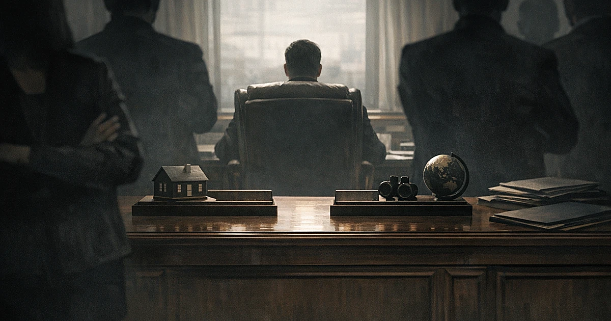 Silhouetted figures with crossed arms stand between viewer and desk with two nameplates representing dual government roles