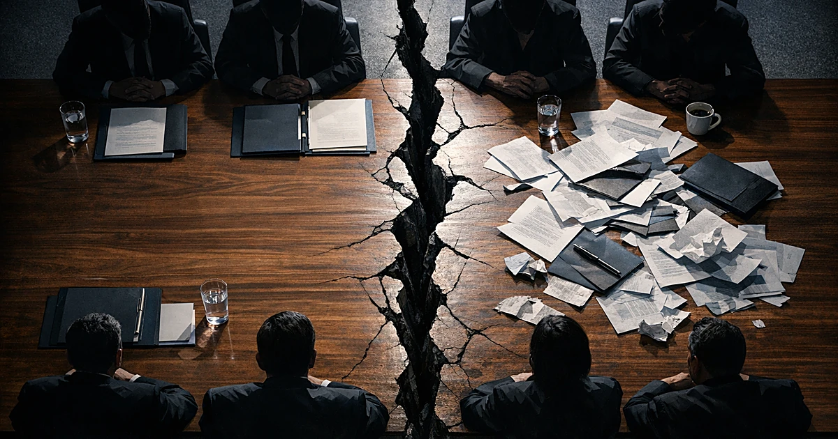Overhead view of cracked conference table split in two with organized papers on one side and scattered documents on other