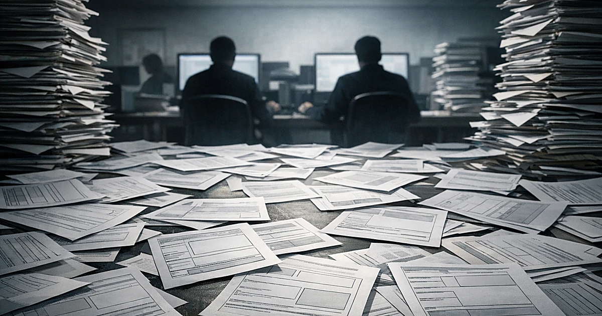 Healthcare enrollment forms with blank Social Security number fields scattered on desk with silhouetted workers in background