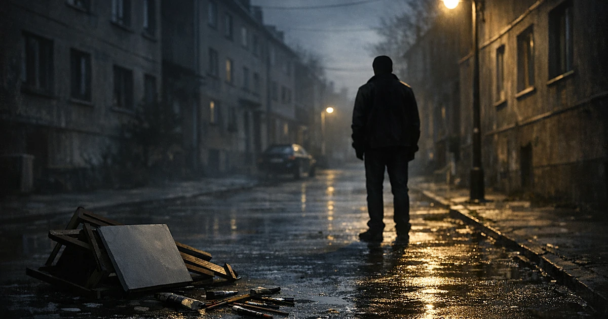 Silhouetted figure on empty street at dusk with scattered art supplies and fallen easel on cobblestones