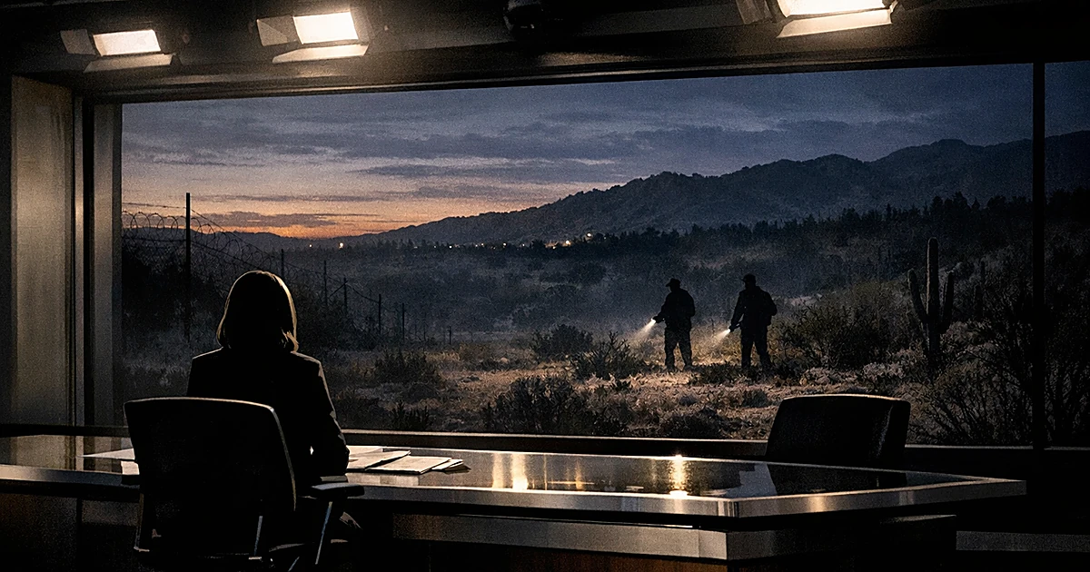 TV studio desk with bright lights facing dark desert landscape and wooded hills through window at dusk