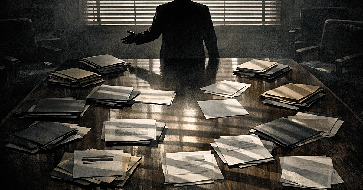 Silhouetted figure at conference table with scattered documents and dramatic shadows suggesting incomplete information