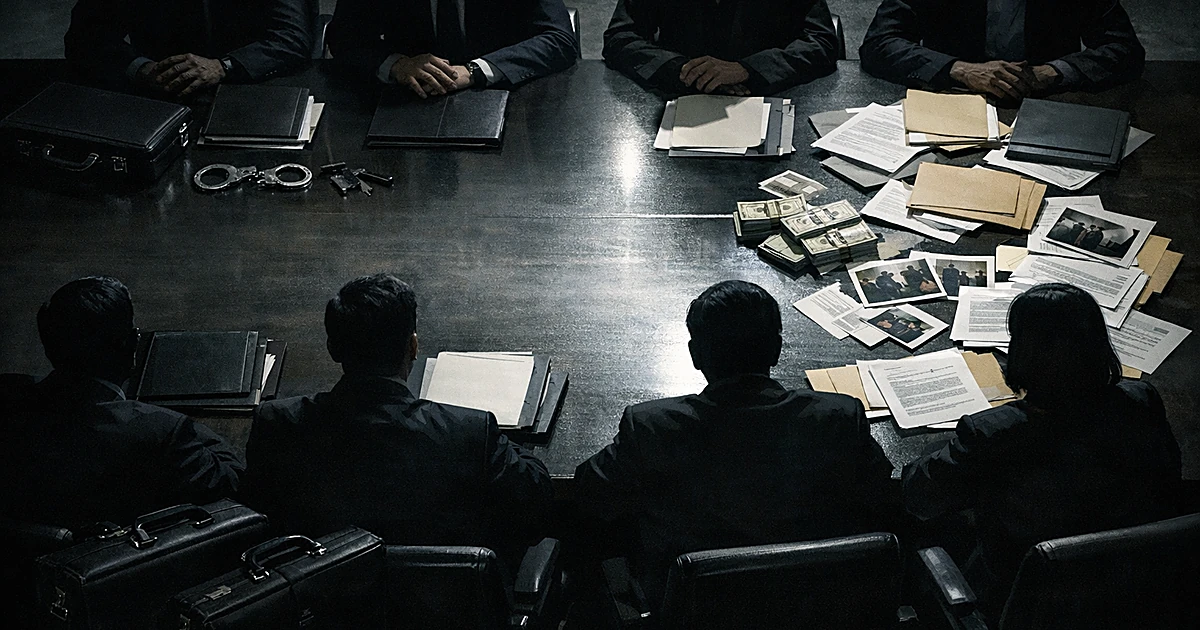 Overhead view of silhouetted officials at conference table with documents during enforcement meeting
