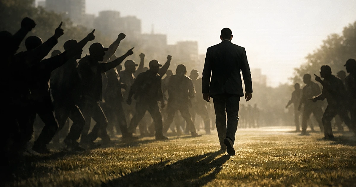 Silhouetted figure walking away from surrounding crowd with raised arms in urban park setting