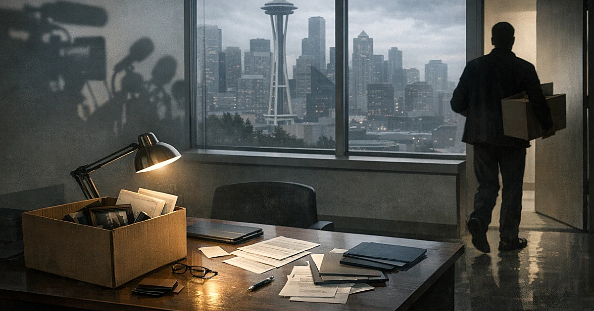Empty office desk with moving box as silhouetted figure departs, Seattle skyline visible through window