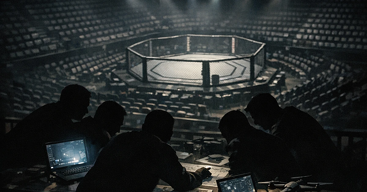 Silhouetted figures around table with laptops overlooking empty octagonal fighting cage in darkened venue