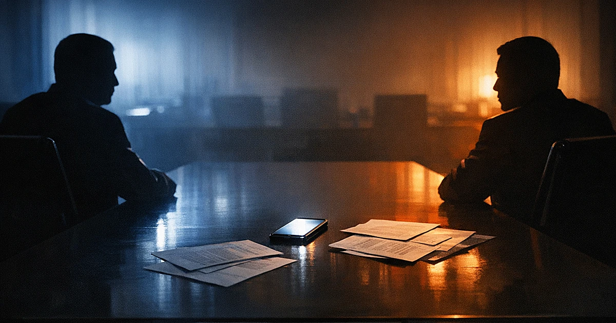 Silhouetted figures at opposite ends of conference table with illuminated phone between them in darkened room