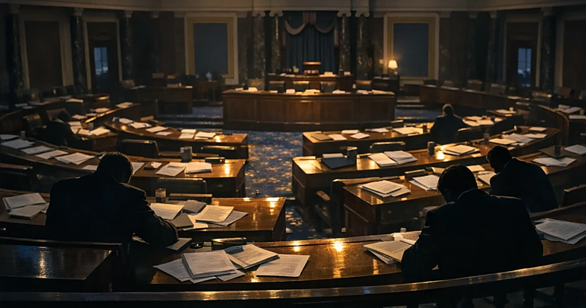 Pre-dawn Senate chamber with scattered papers on desks and silhouetted figures after overnight voting session