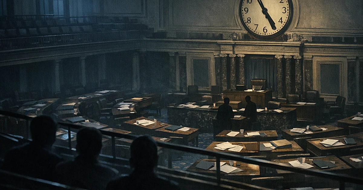 Pre-dawn Senate chamber with silhouetted figures at desks, clock showing 5 a.m., scattered papers after overnight vote