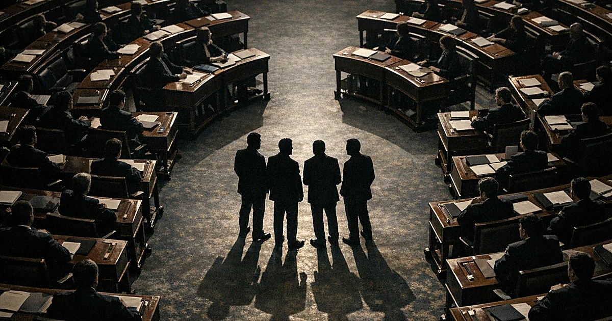 Overhead view of legislative chamber with silhouetted figures seated at desks, some positioned between two groups