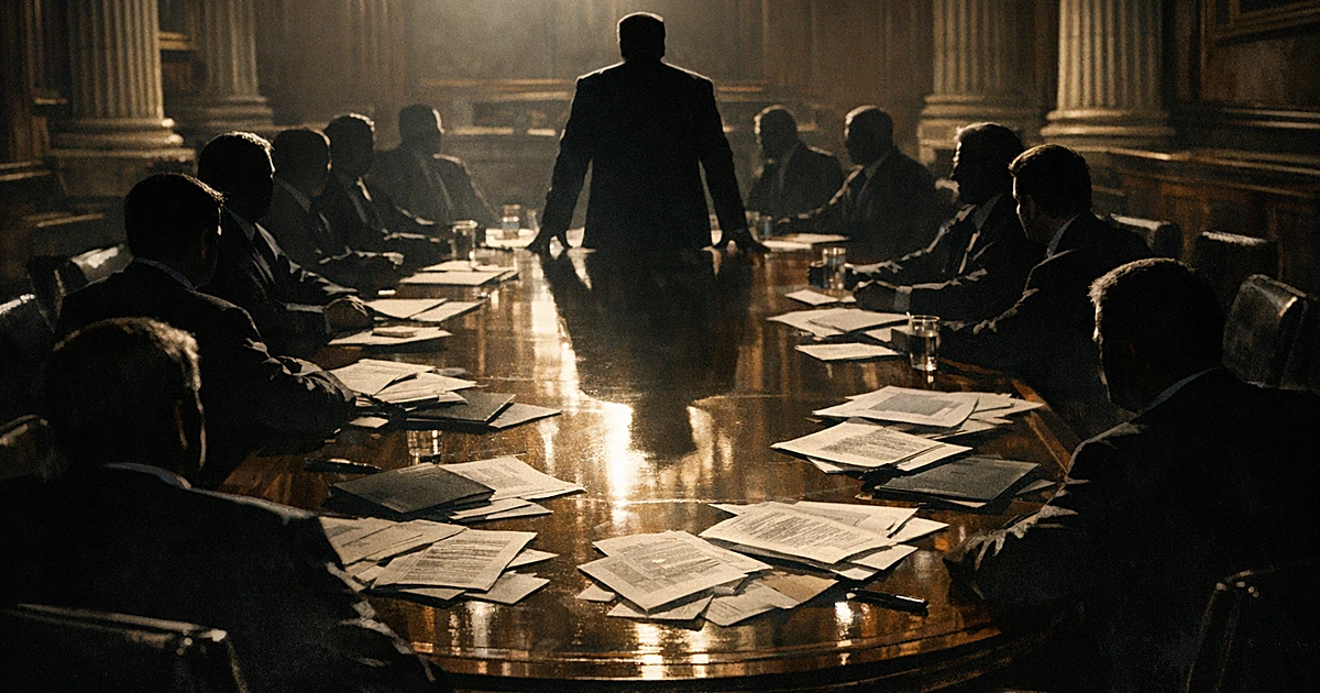Silhouetted figures around a conference table in an ornate meeting room with scattered papers and dramatic lighting