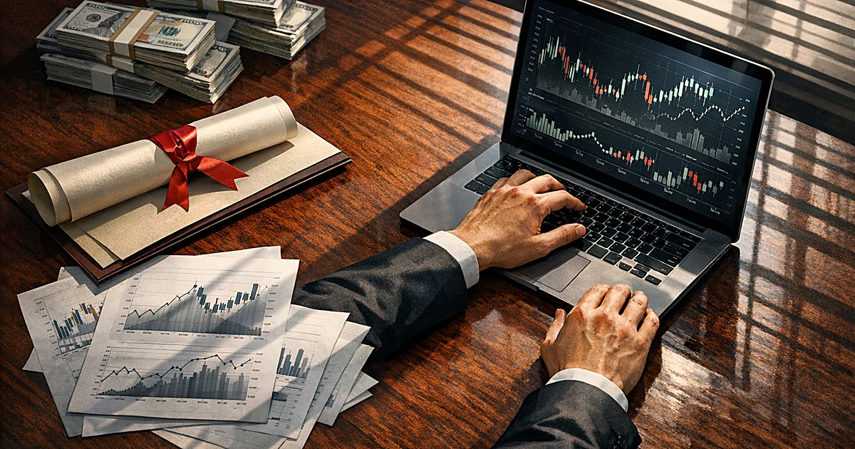 Overhead view of desk with diploma, cash stacks, financial documents, and hands reaching toward laptop with trading data